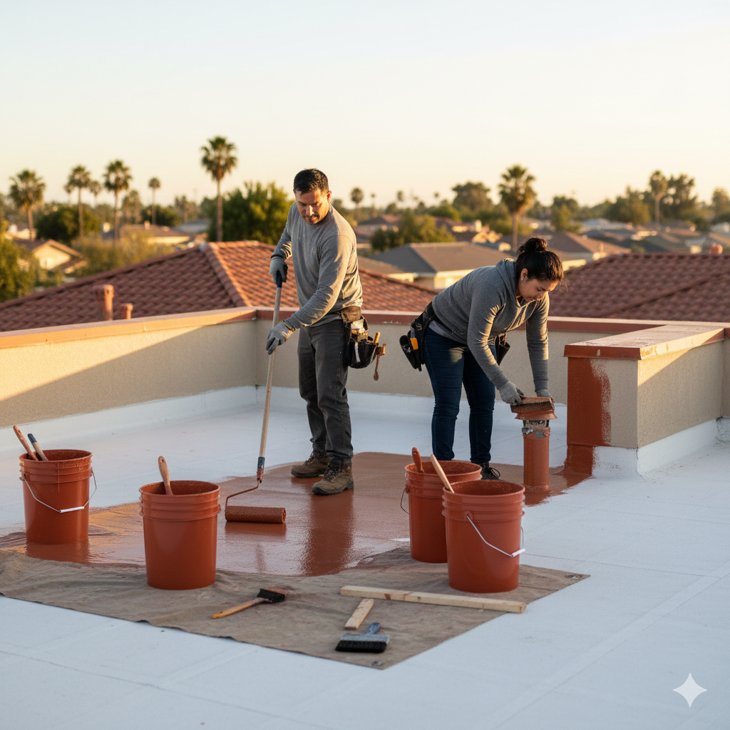 Trabajadores realizando impermeabilización en azotea de una casa