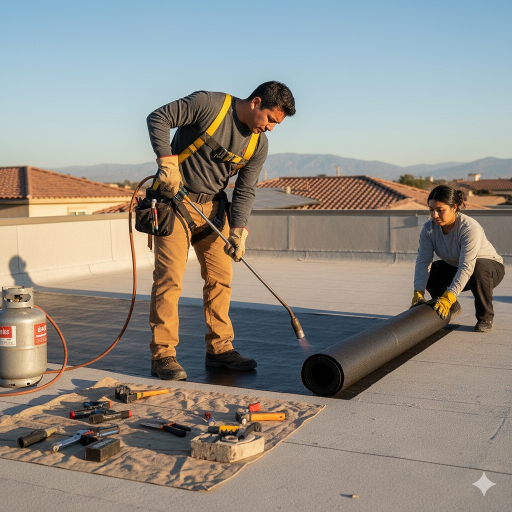 Trabajadores realizando impermeabilización en azotea de una casa