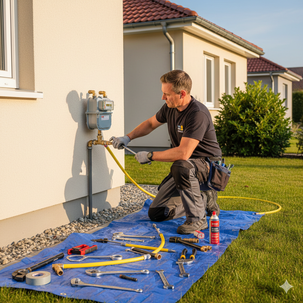 Hombre realizando trabajo de plomería en la parte externa de una casa