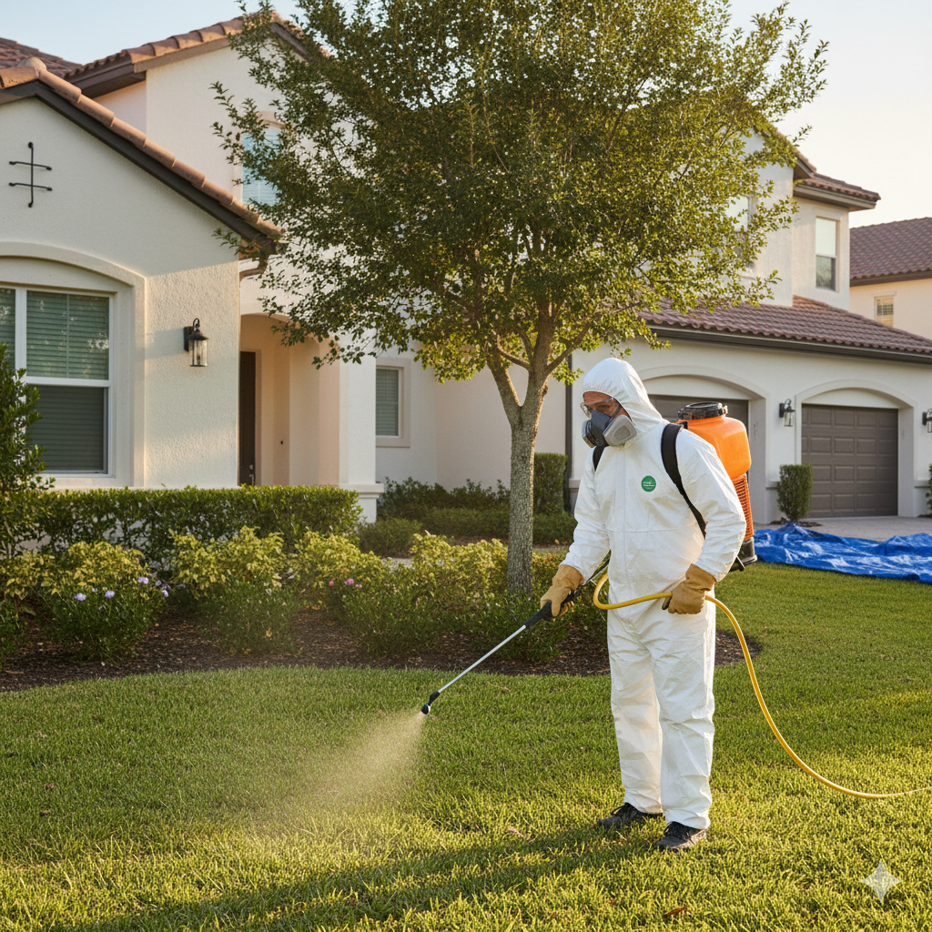 Personal realizando fumigación en jardín exterior